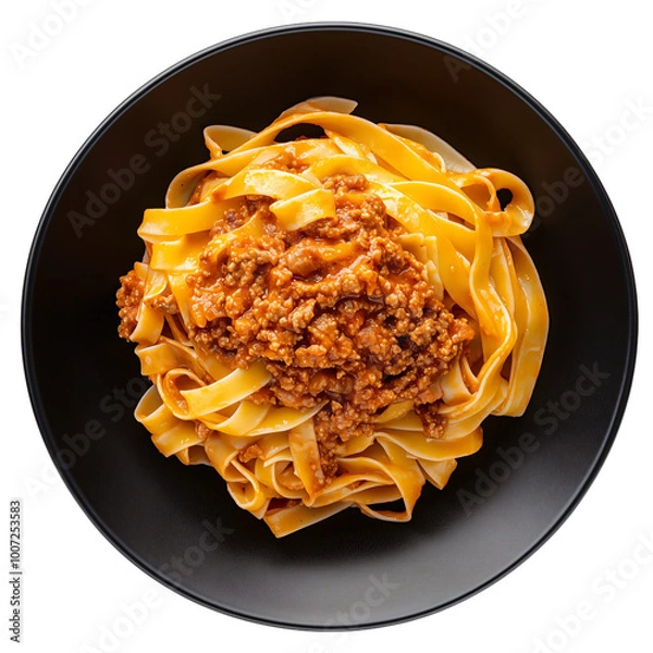 Fototapeta Top view of tagliatelle al ragu on a black plate, isolated on a transparent background on a transparent background
