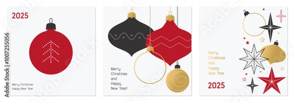 Obraz Merry Christmas and Happy New Year cards set. Vector illustration concepts for corporate greeting card, party invitation, website banner, social media banner. Red, gold, black colors. Minimalism style