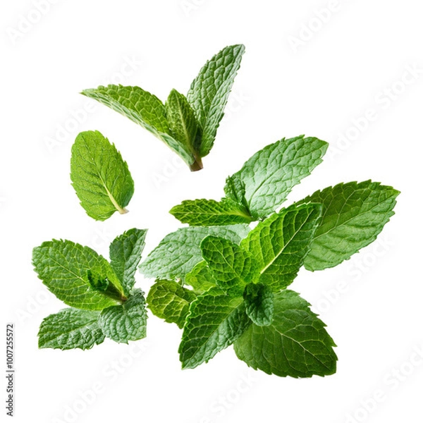 Fototapeta Falling mint leaves, spearmint isolated on transparent background