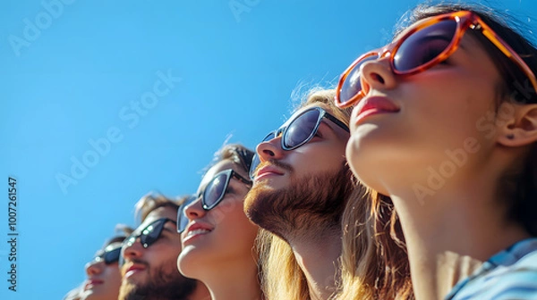 Obraz A photorealistic group of people wearing sunglasses looking up at the bright blue sky with sunlight casting soft shadows
