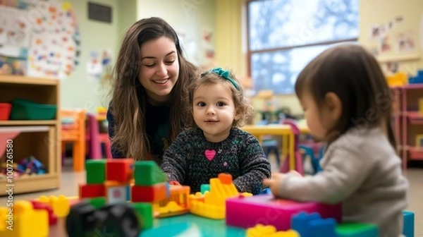 Obraz A young girl plays with colorful blocks while a smiling woman watches over her.