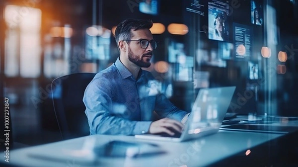 Fototapeta A man in a blue shirt works on a laptop in a modern office.