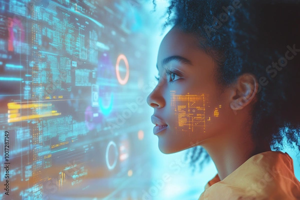 Obraz Woman Interacting with Futuristic Digital Interface