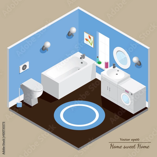 Fototapeta Bathroom 3D interior. Blue background. 