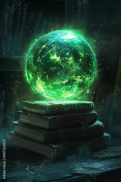 Fototapeta Mystic glowing green sphere levitating on stack of old books in dark room. Magic, fantasy, and arcane energy concept
