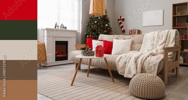 Fototapeta Interior of living room with soft sofa, table, Christmas tree and fireplace. Different color patterns