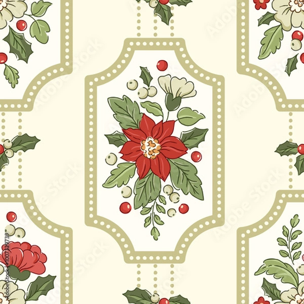 Obraz Retro Christmas Framed Poinsettia, Mistletoe, Hellebores, Holly Berries Vector Seamless Pattern. Festive Flowers, Greenery Arrangement. Winter Holidays Botanical Print. Nostalgic Spirit.