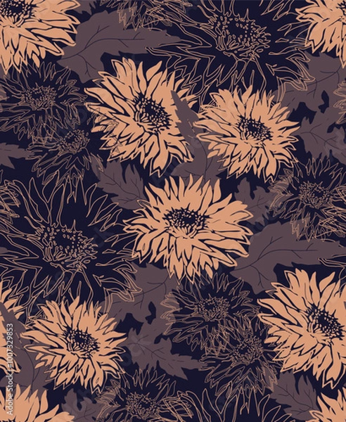 Fototapeta Cozy colors vector seamless pattern in earth tones of autumn flowers. with chrysanthemums. For textile design, package, home textile, fabric, wallpaper, bedding, clothes fabrics.