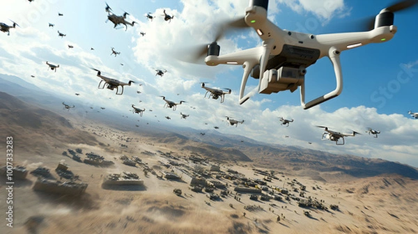 Fototapeta A futuristic drone swarm, flying over a high-tech military base, with soldiers below coordinating a precision attack in a vast desert. Drone swarm over a desert military base.


