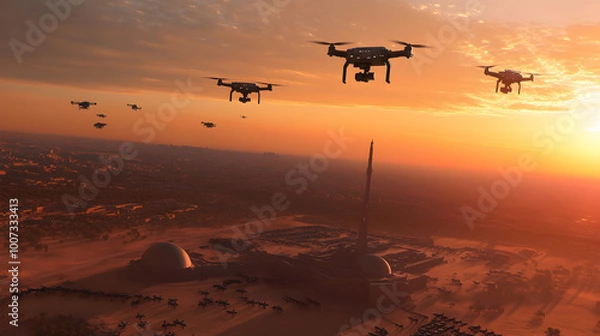 Fototapeta A futuristic drone swarm, flying over a high-tech military base, with soldiers below coordinating a precision attack in a vast desert. Drone swarm over a desert military base.


