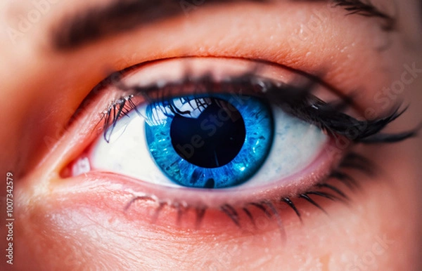 Fototapeta Close shot of a beautiful eye with a large blue pupil. Created with Generative AI tools