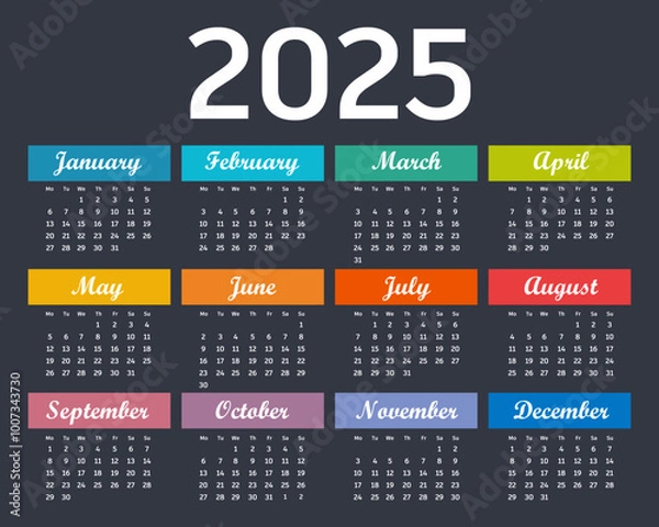 Fototapeta Calendar 2025 on white background. Colorful calendar 2025 year. Simple vector template