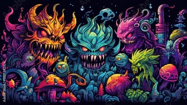 Fototapeta A vibrant illustration of monstrous creatures amidst colorful flora and surreal elements.