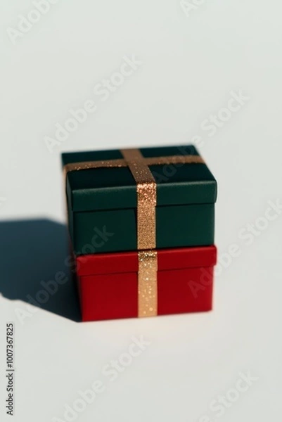 Fototapeta A modern and minimalist illustration of gift boxes wrapped in red and green paper with golden ribbons placed in a neat stack The background is soft pastel blue Ideal for holiday cards gift tags and Ne