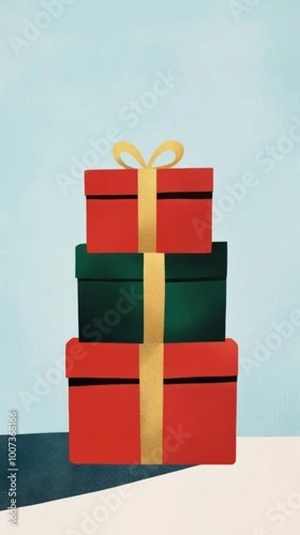 Fototapeta A modern and minimalist illustration of gift boxes wrapped in red and green paper with golden ribbons placed in a neat stack The background is soft pastel blue Ideal for holiday cards gift tags and Ne
