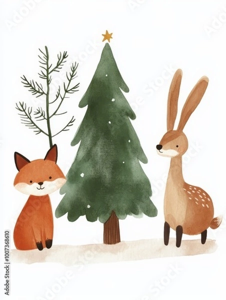 Fototapeta Handdrawn illustration of woodland animals including a deer rabbit and fox gathering around a Christmas tree in a snowy forest Perfect for holiday cards and winterthemed prints with a whimsical and jo