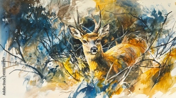 Fototapeta A deer is standing in a forest with trees in the background. The deer is brown and has antlers