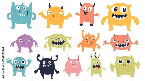 Fototapeta A vibrant and playful collection of hand-drawn tiny doodle monsters featuring cheerful facial expressions. 