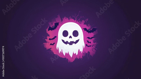 Fototapeta A friendly ghost with bats flying around a purple background.