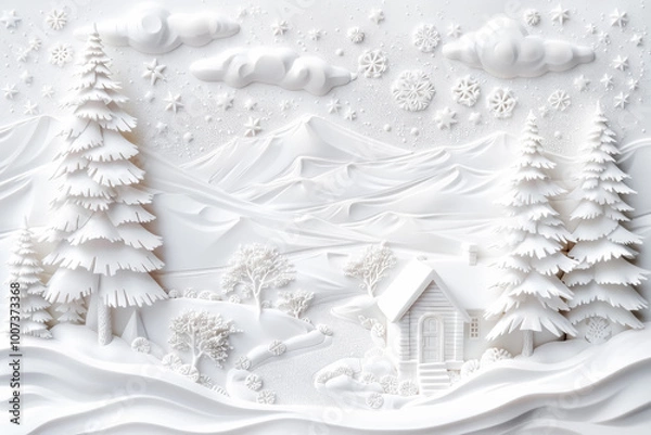 Obraz Elegant traditional white Christmas greeting card with snowy landscape and winter elements