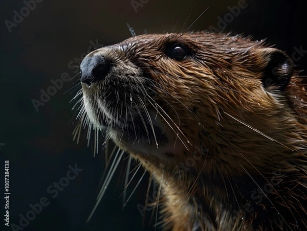 Fototapeta Close-Up Eurasian Beaver Portrait in a Dark Studio Setting