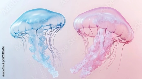 Fototapeta Colorful jellyfish gracefully swim together in a tranquil underwater setting during a serene afternoon