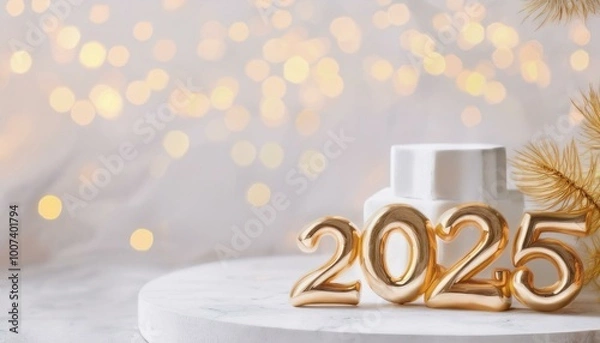 Obraz Christmas and New Year card. Number 2025 on holiday background. Christmas lights bokeh background. Holiday postcard. Happy New Year 2025 Card Concept.