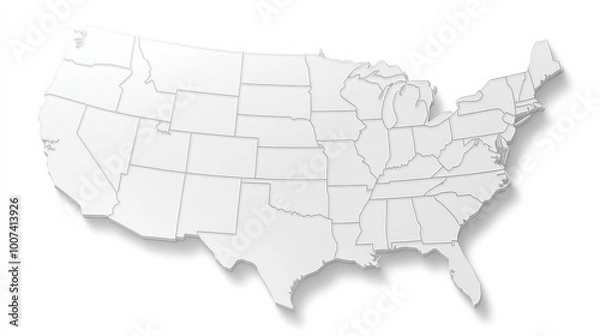 Fototapeta  White USA map with isolated states on a clean white background, showcasing the geographical outline of the United States of America.