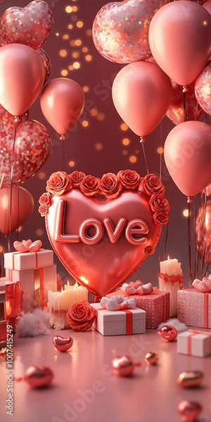 Fototapeta AI generator image of  Valentine's Day card with the word "Love" in large letters, surrounded by balloons and gifts, heart-shaped red roses, candles, a pink background
