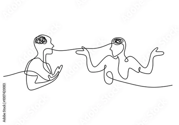 Fototapeta People talking with confused head in one line art. Mental health concept. Minimalist vector.