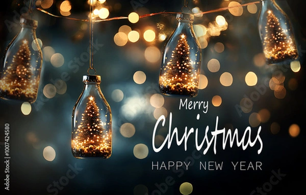 Fototapeta christmas lights background with glass jars on blsck christmas tree decorationfestive greeting card desigh happy new year concept bokeh blur effect