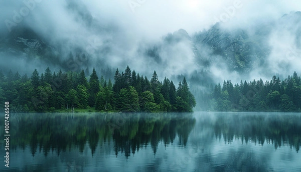 Obraz pine-trees-fog-rolling-calm-misty-lake