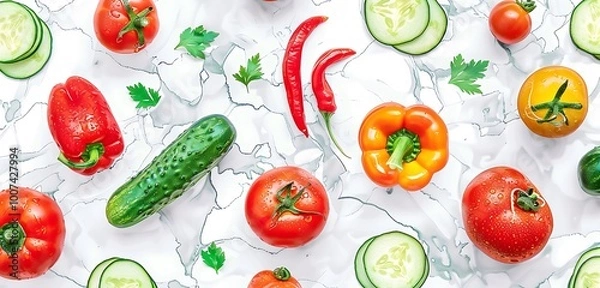 Fototapeta Kitchen decor marble pattern featuring illustrations of assorted vegetables like tomatoes, bell peppers, and cucumbers, creating a colorful and nutritious ambiance