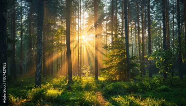 Fototapeta sunlight-dappled-tall-pine-trees-warm-forest-scenery