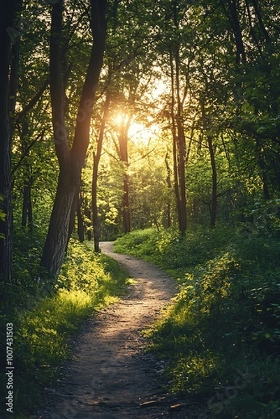 Fototapeta Sun shining through the trees on a forest path. Tranquil nature scenery in a forest. Golden light illuminates nature scene.