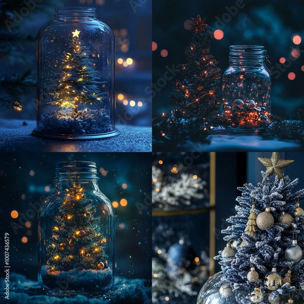 Fototapeta christmas tree and decorations collage xmas decoration new year tree in the glass jar