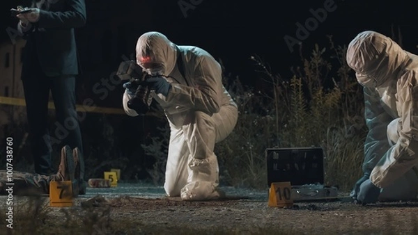 Fototapeta Detective and forensic scientists working hard at crime scene near headless body. Collection and photography of evidence, measurements, examination of the victim's body. Night scene.
