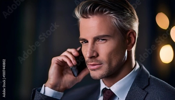 Fototapeta Confident Man in Suit Talking on Phone at Night