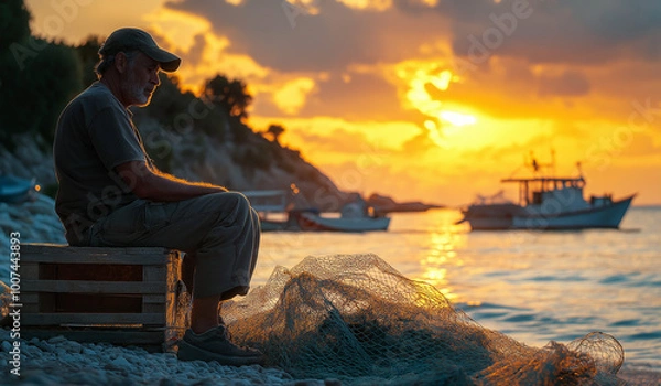 Fototapeta AI generator image of fisherman carefully mending fishing nets on a quiet, sandy beach at sunset. The fisherman is shown sitting on a wooden crate
