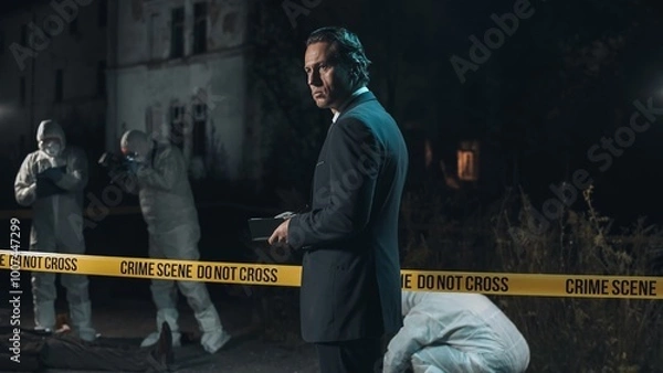 Fototapeta Detective inspecting area and taking notes in notebook at crime scene at night as forensic experts collect evidence behind police tape next to headless body