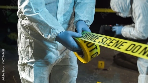 Obraz A forensic scientist rolling out police tape at a crime scene at night, while other experts collect evidence in the background