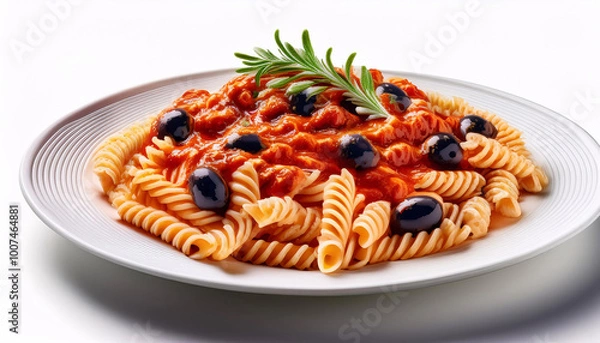 Obraz Vibrant pasta dish with tomato sauce and olives, a culinary delight