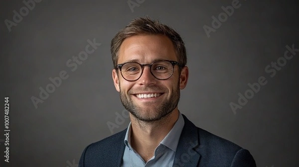 Fototapeta Portrait of an employee in a studio, smiling with a neutral background and soft lighting