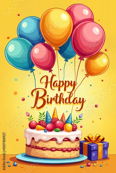 Obraz Holiday card. Colorful birthday cake with balloons and candles, set against a yellow background with the text Happy Birthday displayed.