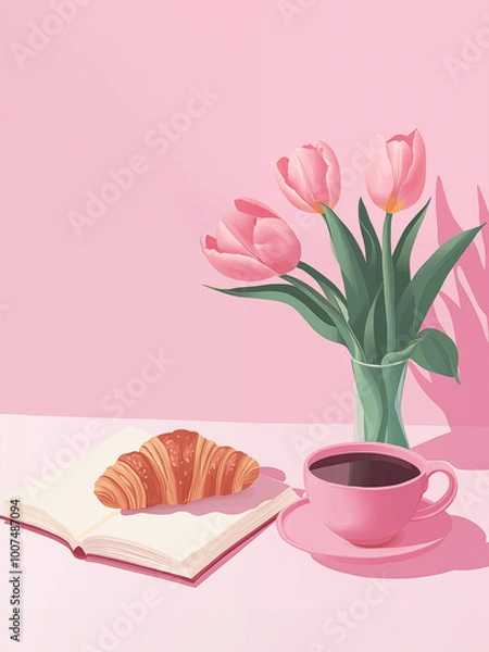 Obraz Hand-drawn illustration of a book with a cup of coffee and a croissant, surrounded by pink tulips and scattered petals. The soft pastel colors and cozy vibe. Top view.