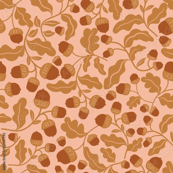 Fototapeta Autumn vector Acorn and leave seamless pattern. Cosy,Fall, brown, earthy colour and Texture. Suitable for fabric, scrapbooking, wallpaper and children project. 