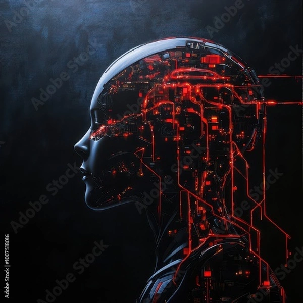 Fototapeta Futuristic robotic head silhouette with glowing neural circuitry details.