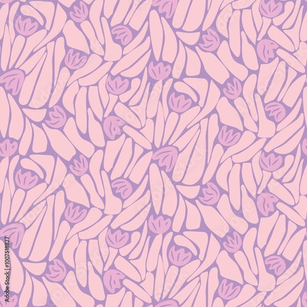 Fototapeta style retro cute abstract flowers and leaves vector seamless pattern. Vector purple background. Perfect for fabric, wallpaper and children's projects.