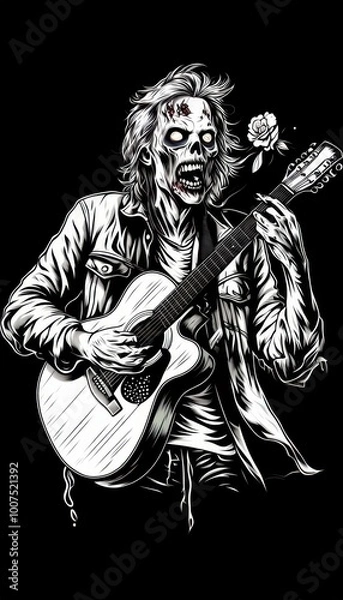 Fototapeta A zombie playing an acoustic guitar, holding a rose, in a stylized, graphic design.