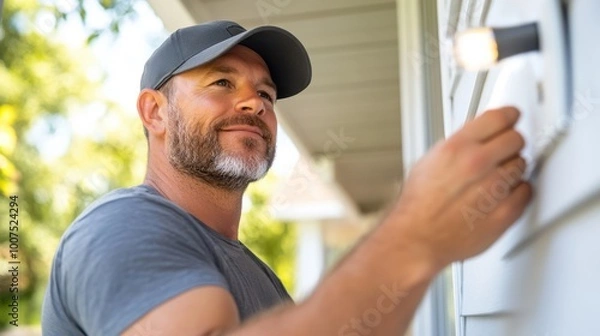 Fototapeta An individual in casual gray attire is carefully adjusting an outdoor light fixture, demonstrating precision and care for a well-lit and inviting exterior environment.